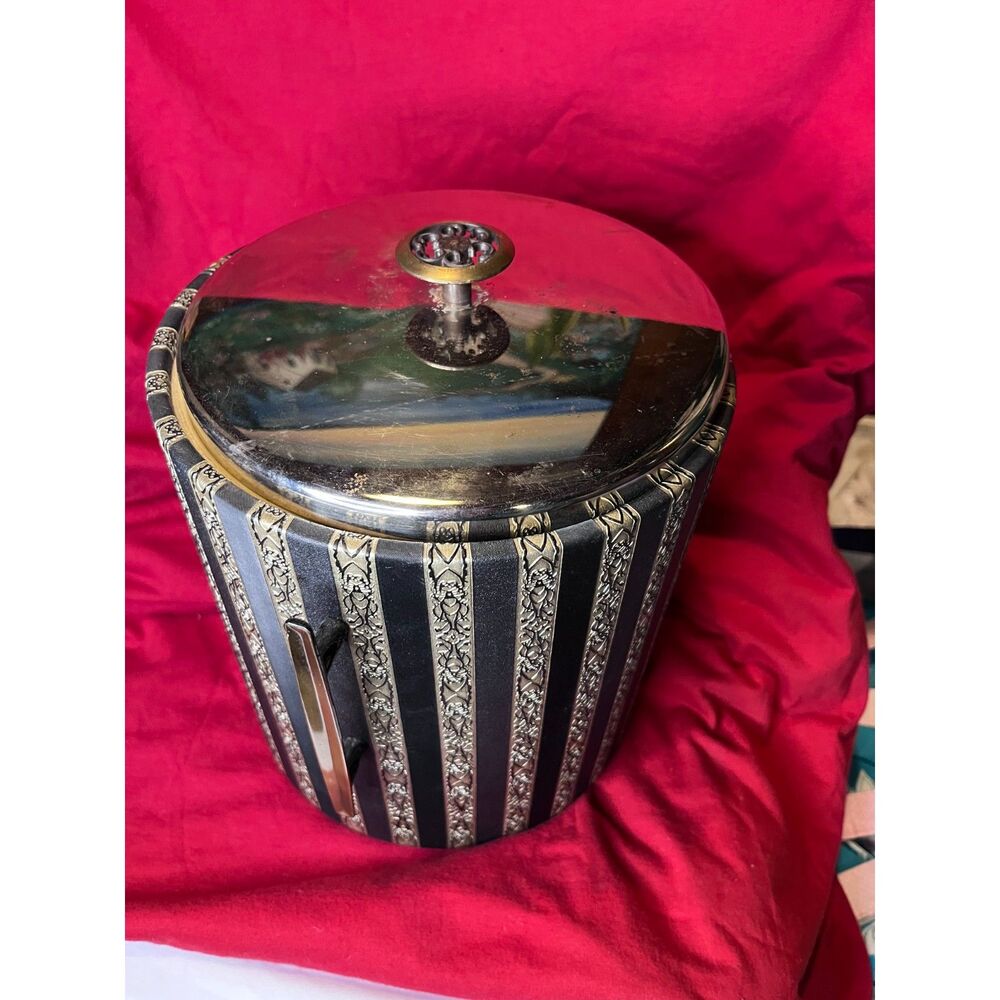 Mid Century Ice Bucket West Bend, Black and Gold, Handles, Tiki Party Time!